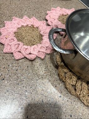 Handmade Pink and Brown Crochet Sunflower Potholders 3